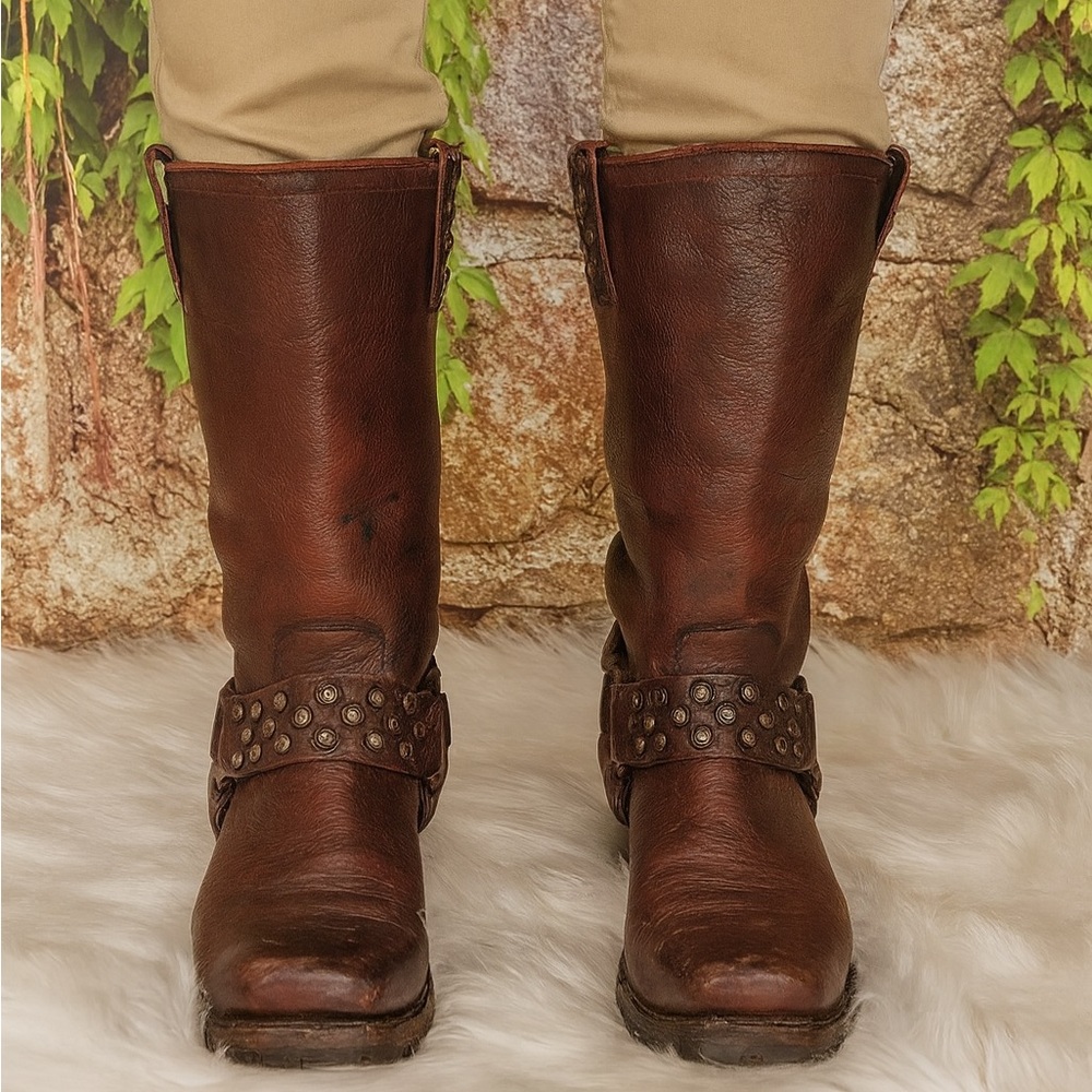 FRYE Heath Disc Harness Distressed Cognac Leather Boots, Beautiful Patina, 6B - Picture 16 of 16